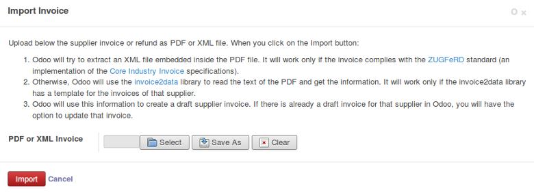 Assistant d'import de factures fournisseurs : la zone de dépôt des fichiers PDF ou XML et la liste des formats pris en charge