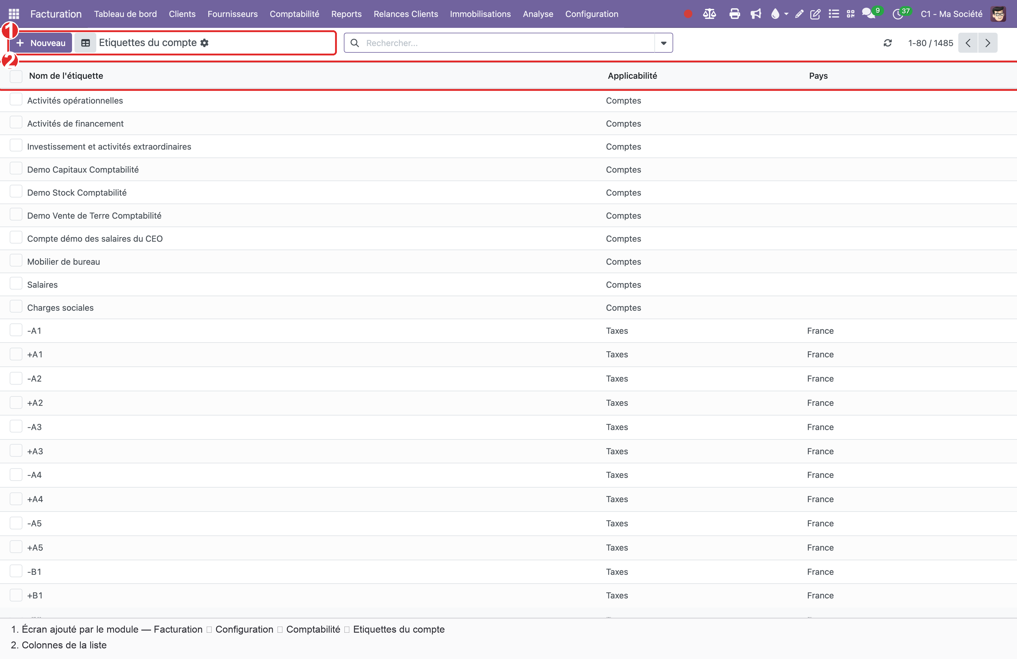 Liste des étiquettes comptables rendue accessible par un menu, sans activer le mode développeur