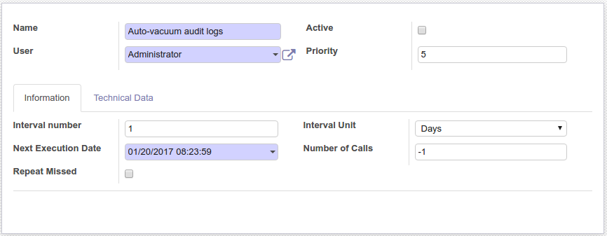 Action planifiée Auto-vacuum audit logs : son intervalle d'exécution et le code model.autovacuum qui fixe la rétention en jours