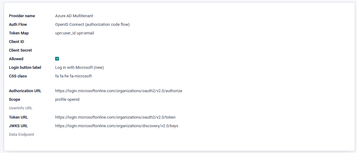 Fiche d'un fournisseur OAuth Azure AD dans Odoo : le flux d'authentification, l'identifiant client et les URL de jeton et de clés JWKS