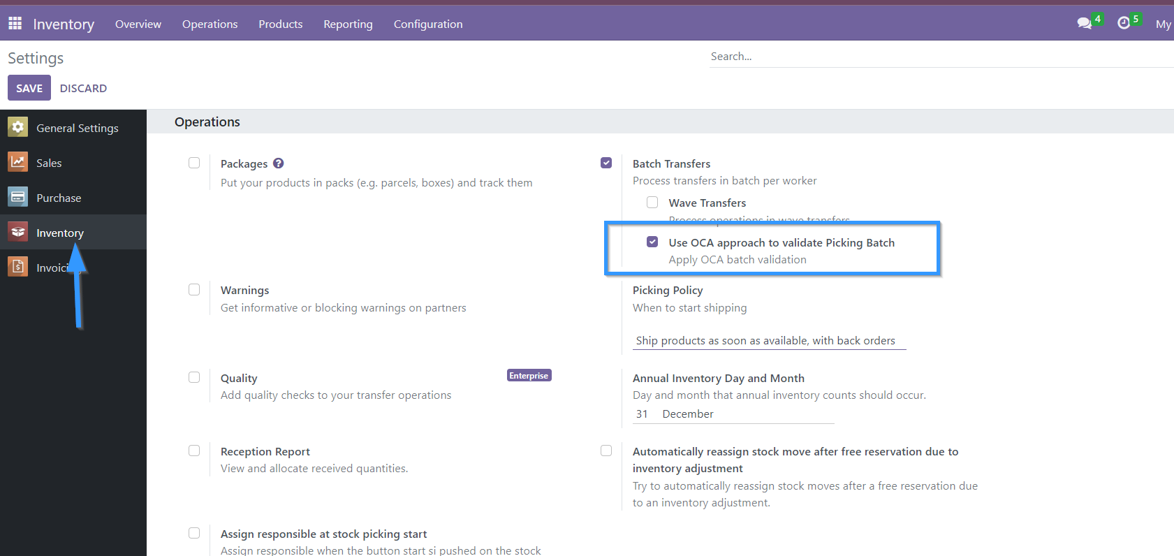 Réglage Apply OCA batch validation dans les paramètres d'inventaire, placé après l'activation des lots de transferts